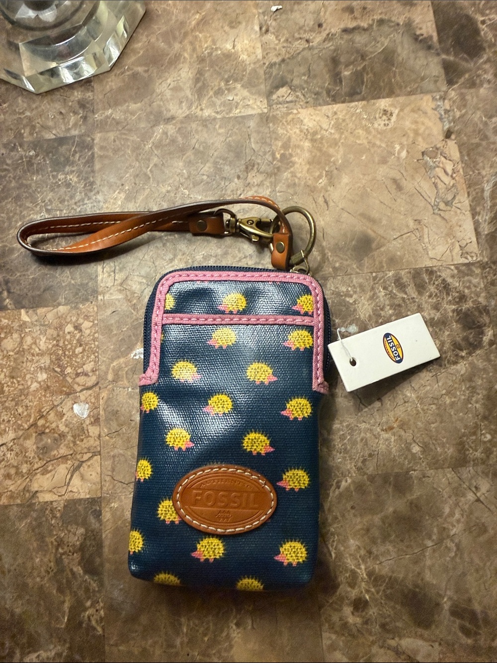 Retired Fossil Navy Phone Wristlet with Yellow Hedgehog Print and Pink Trim